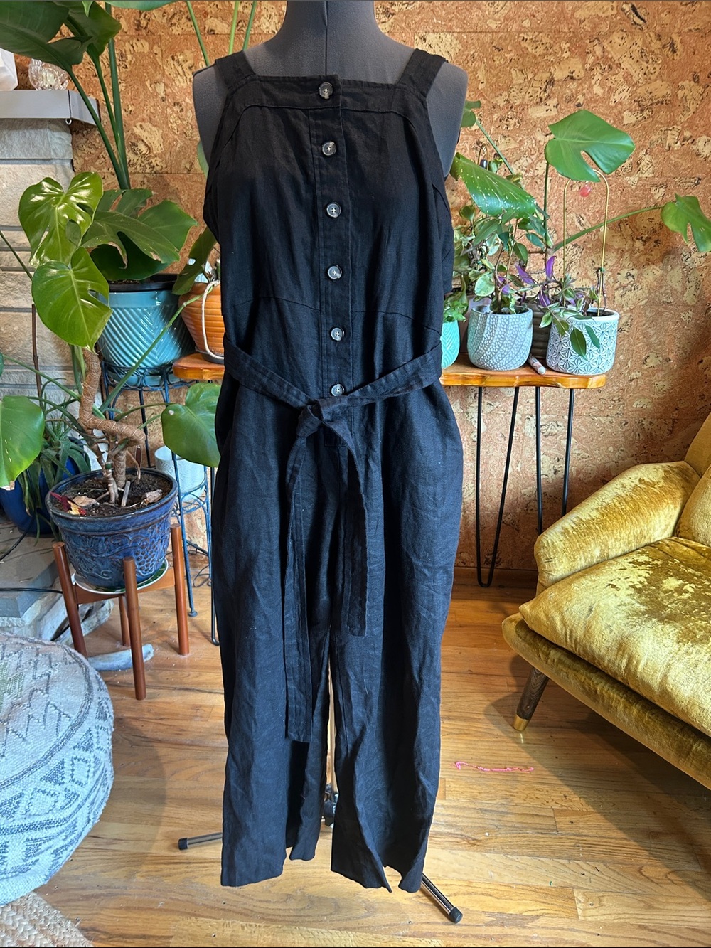 Everlane Black Linen Button-Front Jumpsuit with Tie Waist